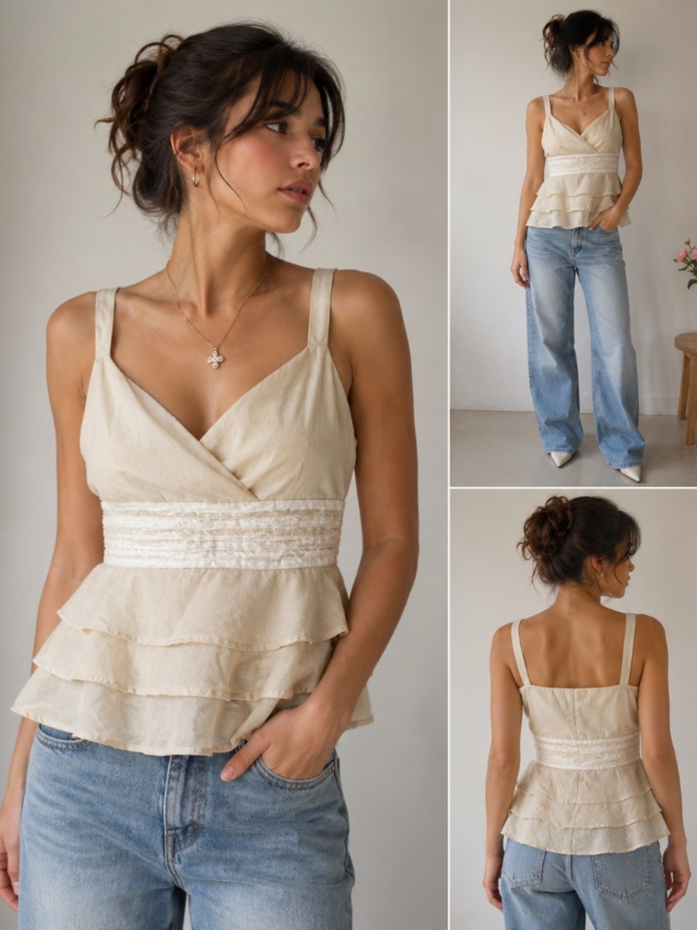 color code womens babydoll tank top beige size Large casual retro festival